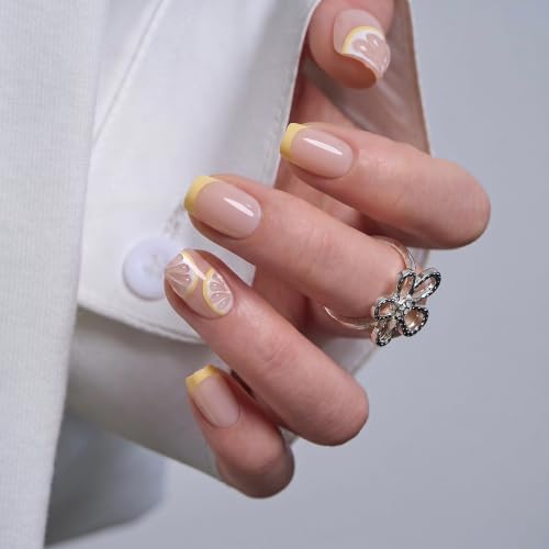 CurvLife Short Square French Tip Press On Nails, Crystal Whisper - color: Lemon Glaze