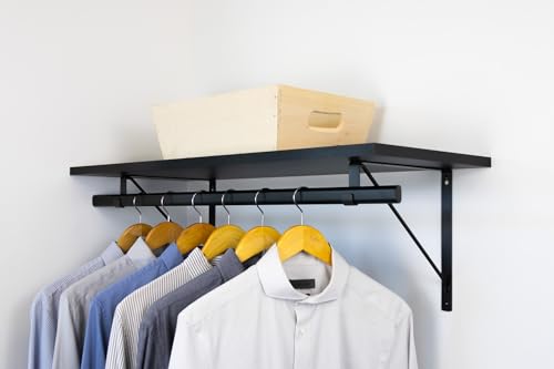 Custom Cut-to-Size Premium Wall-Mounted Shelf with Rod and Bracket Kit. 3/4" Thick Shelves, 14 inches deep. Customize the Length from 16" up to 72". - color: Black - Black, size: 16 - 44