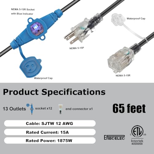 65 Feet Multi Outlet Extension Cord 12 Gauge 13 Nema 5-15R Outlets - size: 12 Gauge 65FT 13 Outlets