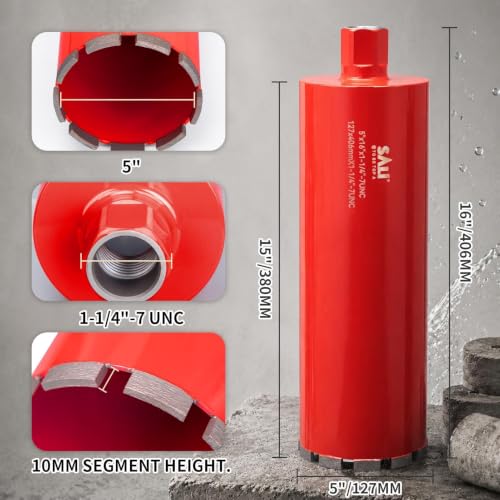 SALI 5 Inch Wet Diamond Core Drill Bit, for Reinforced Concrete, Brick, Block, Stone, 15" Drilling Depth,Core Drill Bit， 1-1/4"-7 Thread - size: 5 Inch