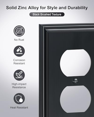 2-Pack Zinc Alloy Single Duplex Outlet Cover Plate, Solid Receptacle Cover - color: Black, size: 1 Duplex 2PK