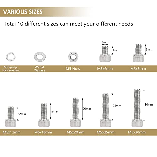 212 Pieces M5 x 6/8 /12/16 /20/25 /30mm Hex Socket Head Cap Screws Nuts Washers Assortment Kit, 304 Stainless Steel, Fully Machine Thread - size: M5, style: Socket Head