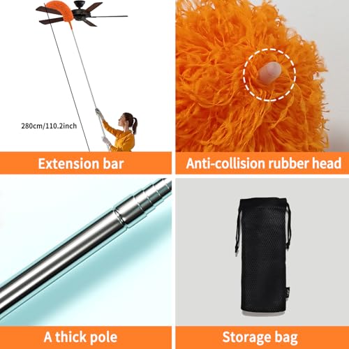 Cobweb Duster with Extension Pole,Cleaner Outdoor 110" Telescoping Extended Sspider Brush, Dusting Kit,Long Handle Reach for High Ceilings and Fans,Microfiber Webster Remover Tools Feather Dusters - color: Orange