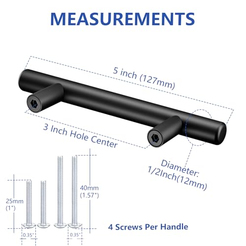 Plustool 60Pack Matte Black Cabinet Handles, 3''Hole Centers Kitchen Drawer Pulls, Stainless Steel Dresser Hardware for Kitchen Bathroom Bedroom - 5''Overall Length - color: Matte Black