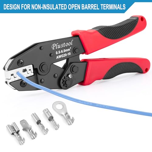 Plustool Crimping Tool for Non-Insulated Open Barrel Terminals & Receptacles AWG 20-10, Ratcheting Wire Crimper Tool - Crimping Pliers - Electrical Crimping Tool