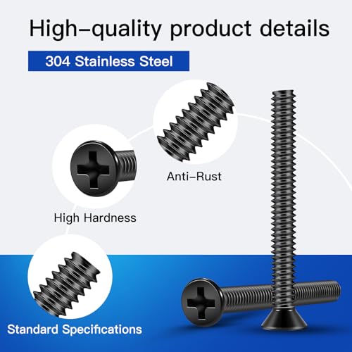 126Pcs Flat Head Phillips Electrician's Machine Screw Kit, Long Electrical Outlet Screw, #6-32#8-32, 304 Stainless Steel for Wall Plate Switch/Outlets,Mounting Electrical Extender, with Tool - color: Black, size: #6#8 126Pcs