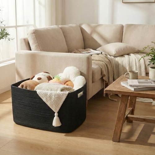 JMvicyroam 65L Large Woven Cotton Rope Blanket Basket, Black - color: Black, size: 65L
