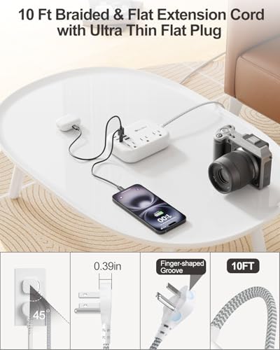 6 USB(3 USB C) Surge Protector Power Strip, 10 Ft Extension Cord,3 Outlets - size: White-10ft-24W-980J