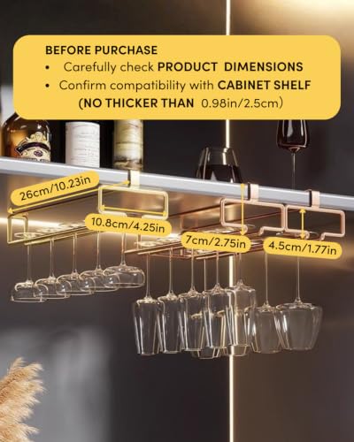 LINFIDITE 2 Pack Under Cabinet Wine Glass Rack Rose Gold Wine Glass Holder Stemware Rack Hanger Kitchen Hanging Storage Rack Organizer (For Partition Thickness under 0.98") - color: Rose Gold, size: Shelf Thickness Under 0.98in