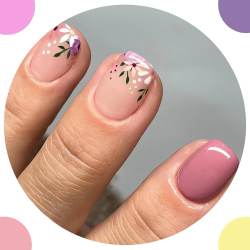Brown Flower Oval False Nails - Summer Real Short Nude Fake Nails with Cute Daisy Designs, Glossy Finish - 24pc Kit