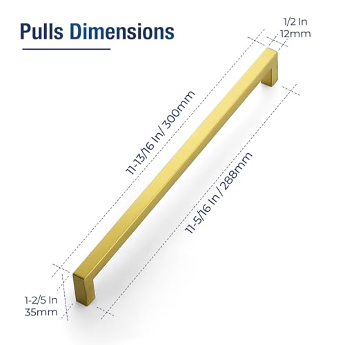 JOY DECOR Gold Cabinet Handles Square Cabinet Pulls 11-1/3 Inch CC, 10 Pack - size: 11-1/3 Inch Hole Center