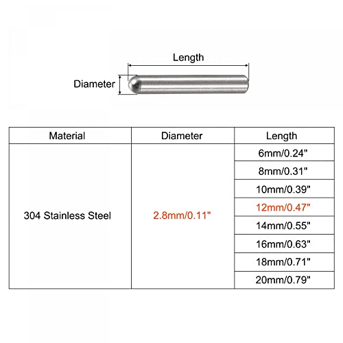 uxcell 2.8x12mm Dowel Pins, 50pcs 304 Stainless Steel Round Head Flat Chamfered End Dowel Pin Bunk Bed Pins Shelf Pegs Support Shelves Fasten Elements - size: 2.8x12mm