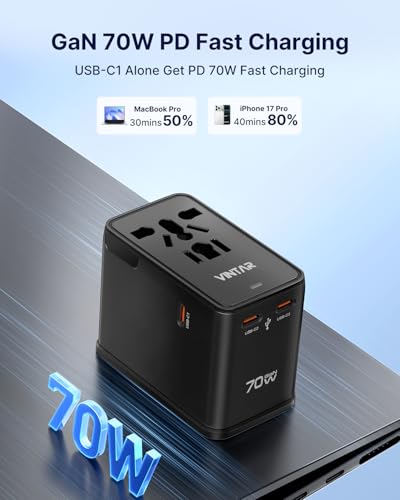 VINTAR Universal Travel Adapter 70W GaN, 5-in-1 with 3USB-C PD & 1USB-A QC - color: 70W Black1