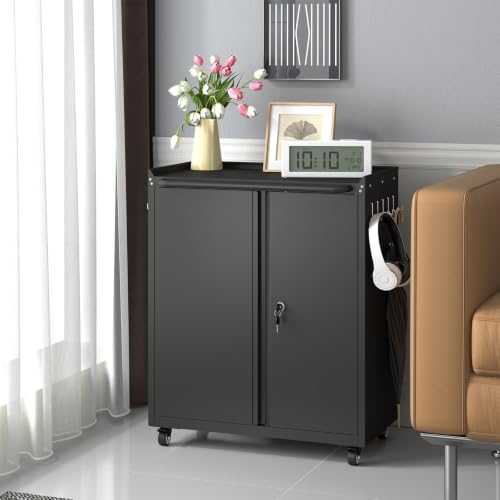 Metal Garage Storage Cabinet with Wheels, Lockable Rolling Tool Cabinet - color: Black, size: 26" W × 14" D × 31.88" H