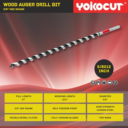 5/8" x 17" Auger Drill Bit for Wood, Hex Shank 3/8 Inch, Wood Boring Drill Bits, Ship Auger Long Drill Bit for Soft and Hard Wood, Plastic, Drywall Tree Stump and Composite Materials - size: 5/8", style: Length: 17"