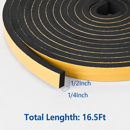 Kikerike Self Adhesive Foam Tape Weatherstrip 1/2In x 1/4In x 16.5Ft High Density Foam Insulation Strips Seal Weather Stripping with Strong Adhesive for Door and Window Sound Isolation Soundproofing - size: 1/2in x 1/4in x 16.5Ft