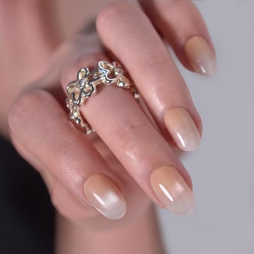 CurvLife Short Oval Cat Eye Press On Nails, Apricot Veil Nude, Soft Gel - color: Apricot Veil