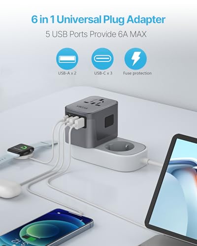 VINTAR Universal Travel Adapter 30W, 6-in-1 with 3 USB-C & 2 USB-A, Silver - color: 30W Silver