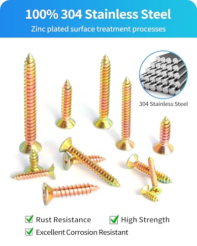 600Pcs Stainless Steel Zinc Plated Wood Screws Assortment Kit, #4#6#8#10#12 Phillips Flat Head Sheet Metal Screws Self Tapping Screws Set,Length 3/8" to 2" (Gold-Flat Head) - color: Gold