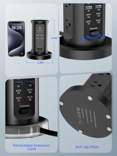 Kakyanill 30W USB Charging Station, Power Strip Tower with 9 AC 8 USB - color: Black&Grey