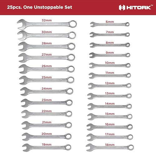 HITORK 25 Piece Metric Combination Wrench Set, 6-32 mm, 12-Point CRV Steel