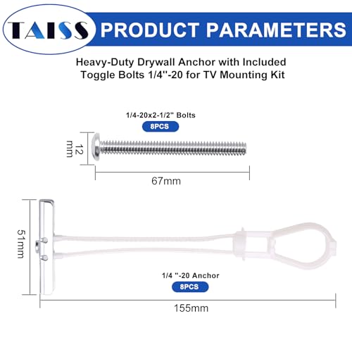 Taiss Heavy-Duty Drywall Anchor with Included Toggle Bolts 1/4''-20 for TV Mounting Kit,Hollow Walls Anchors,Plaster & Tile Holds up to 270lbs Each in 1/2” Drywall,8 Pack - color: W-1/4"