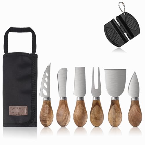 Stainless Steel Cheese Knife Set with Wood Handle, 6 Piece - color: Natural Wood Handle