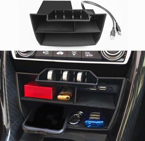 Waterproof ABS Plastic Caddy for Honda Civic Sedan 10th Gen Central Console Box Coins Trays Organizer with USB Extension Cable - Fits 2016-2021