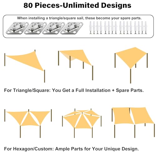 yofit Shade Sail Hardware Kit 5 inch for Triangle Rectangle Sun Shade Sail Installation, 304 Grade Stainless for Garden Outdoors, 80 Pcs - size: 5 inch 80 pcs