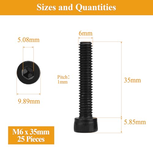 25 Pieces M6 x 35mm Socket Head Cap Screws, Thread Pitch 1.0mm, Sutemribor M6 Black Screws, 12.9 Grade Alloy Steel, Black Oxide Finish, Fully Threaded - size: M6 x 35mm, style: Socket Head