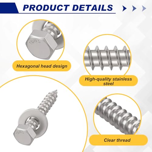 Zonon 50 Pcs 1/4" x 1-1/2" Hex Lag Bolts 304 Stainless Steel Silver Lag Screws 50 Screws and 50 Washers Industrial/Commercial Grade - color: Silver, size: 1/4" X 1-1/2"