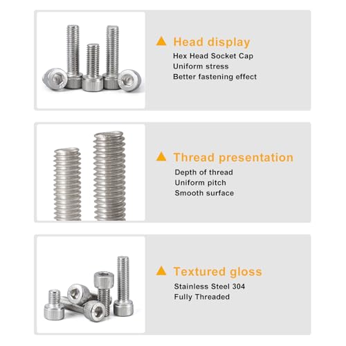 M8 x 10mm 20mm 30mm 40mm Hex Socket Head Cap Screws Bolts and Nuts, Stainless Steel 304, Bright Finish, Metric Allen Drive, Fully Thread, Assortment Kit 48PCS - size: Socket M8x10-40mm+Nuts