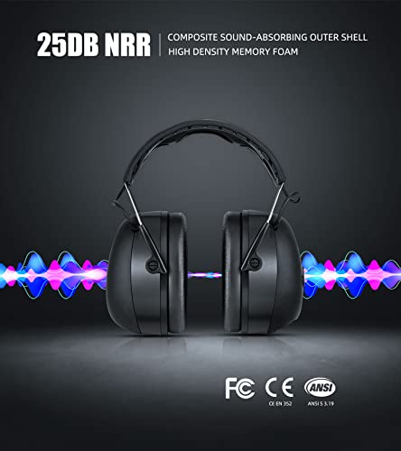 HZ07 Upgrade Bluetooth 5.3 Hearing Protection - NRR 25dB Noise Cancelling Earmuffs 40 Hours+ Playing Time with 1500mAh Rechargeable Battery for Mowing, Workshops, Black - style: Black, No Fm/Am, Bluetooth, Rechargeable Battery