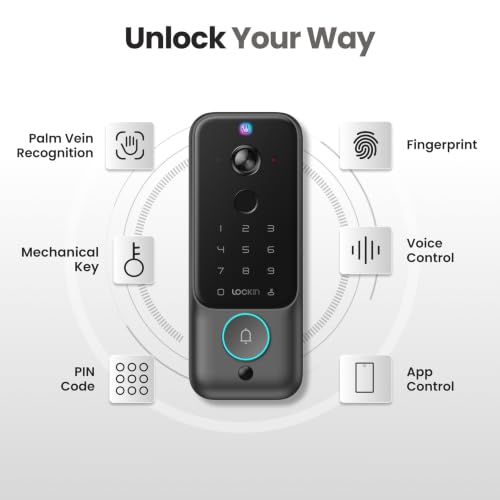 Lockin Veno Plus - All-in-One Smart Lock - Palm Vein & Fingerprint Keyless Entry - 2K 180° Ultra-Wide Camera, Night Vision, Built-in WiFi & 8GB Storage - No Monthly Fee - Dual Batteries | Palm Vein and Fingerprint Keyless Entry, 2K 180° Ultra-Wide Camera,
