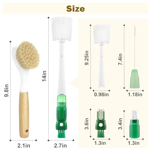 XYFuuee 5 Pack Bottle Brush Set, 5 in 1 Water Bottle Cleaning Brush, Long Handle Narrow Cup Cleaner, 3 Straw Brushes for Stanley, Travel Nipple Detail Washer Brush for Wine Lid Gap (#2 Green) - color: #2 Green