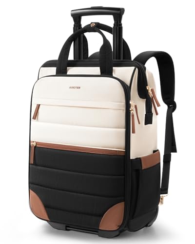 Rolling Puffer Backpack for Women, Travel Backpack with Wheels, 16 Inch Wheeled Laptop Backpck, Dual-Opening Design Overnight College Underseat Carry on Luggage, Roller Business Work Bag, Beige Brown - color: Beige Brown