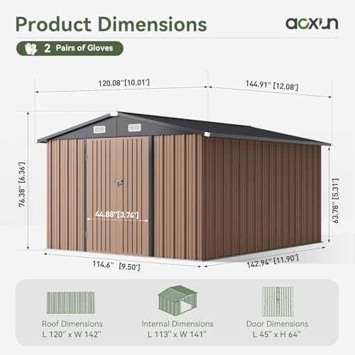 Aoxun 10 x 12FT Outdoor Storage Shed with Double Hinged Large Door, Brown