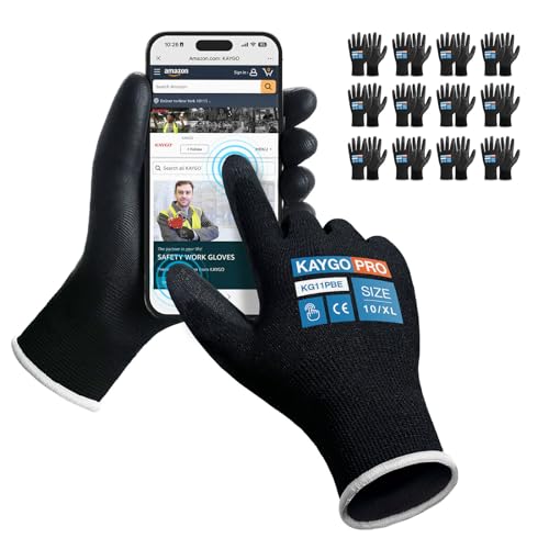 KAYGO Safety Work Gloves, PU Coated, 2-Finger Touchscreen, KG11P - color: Black (Touch Screen), size: X-Large