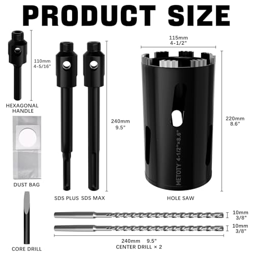 Diamond Core Drill Bit 4-1/2"(115mm) with Pilot Bit & Adapters (SDS Plus & Hex) – Upgraded Welded Segments, 8.6" Depth – for Concrete, Solid Brick, Hollow Brick, Masonry & More - size: (4-1/2"/115mm)