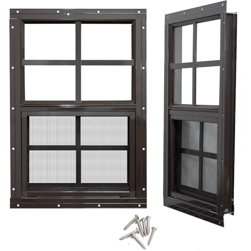 NeatiEase 2 Pack Shed Windows with Black Frame, 24x36 Flush Mount Small Window with Tempered Glass and Fiberglass Screen for Shed, Chicken Coop, Playhouse, Household, Garage (Brown) - color: Brown, size: 24"x36"