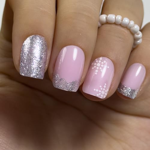 CurvLife Press On Nails Stick On Nails Short Fake Nails Design Acrylic Nails, Glue On Nails For Women Nail Kit (Snowflake flash, Medium) - color: Snowflake flash