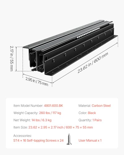 VEVOR Undermount Heavy Duty Drawer Slides, 16 24 32 40 Inch 260 lb Load Capacity Full Extension Ball Bearing Under Stair Cabinet Rails, Bottom Stair Cabinet Glides Track Runners(24inch, Black) - size: 24 Inch
