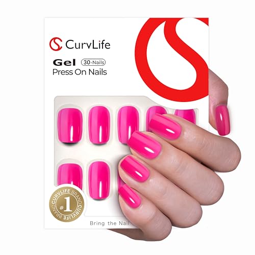 CurvLife Press on Nails Short Square Acrylic Fake Nails with Apricot Design Full Cover False Nails Glossy Nude Glue on Nails Artificial Stick on Nails for Women (Bright-Pink) - color: Bright-Pink
