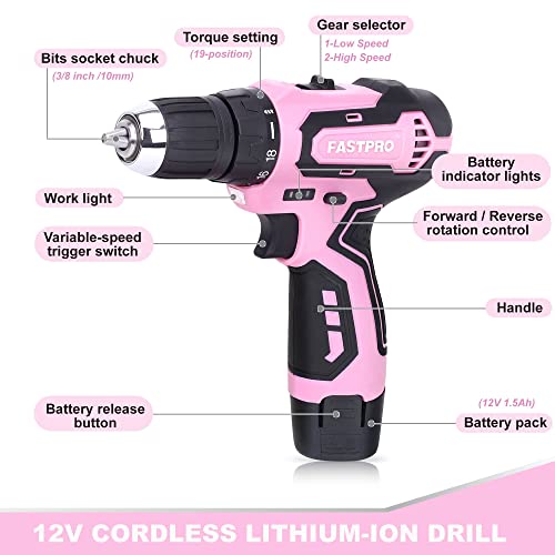 FASTPRO 12V Pink Drill Set for Women, Home Tool Set with Bag - color: Pink