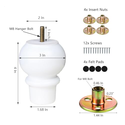 Maricome 4 Inch White Furniture Legs Set of 4 Wood Replacement Legs for Cabinet Dresser Ottoman M8 Bolt Pre-Installed - color: 4 Inch White