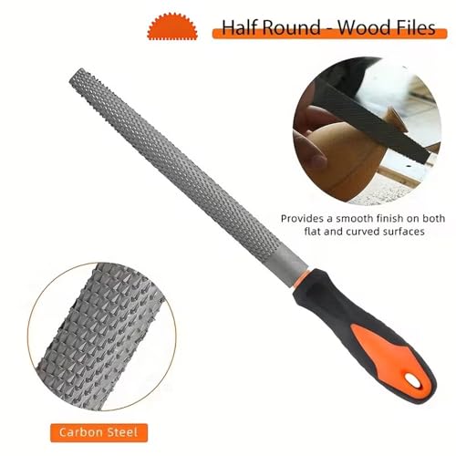 8" Wood Rasp File Set with Rubber Grip - Includes Hand Cut Round, Half-Round, and Flat Rasp File Kit - Curved and Flat Tools(3 Pcs) - size: 8 inch Wood rasp