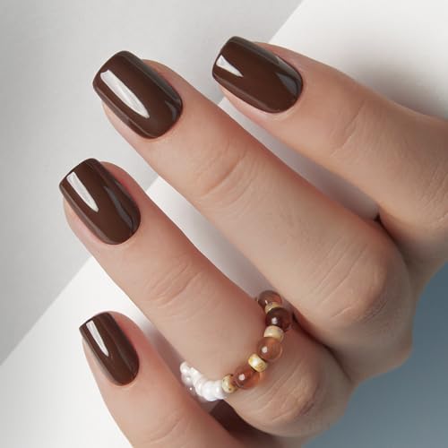 CurvLife Short Square Fall Press On Nails, Everyday Gloss Brown, Soft Gel - color: Brown Nails