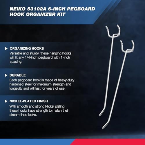 Neiko 53102A 6” Pegboard Hook Organizer Kit, 50 Pack, Hanging Hooks Set for Garage Organization, Great for Wall Hanging and Shelving, Tool Storage, Craft Organizing - size: 6" Pegboard Hooks (50 Pack)