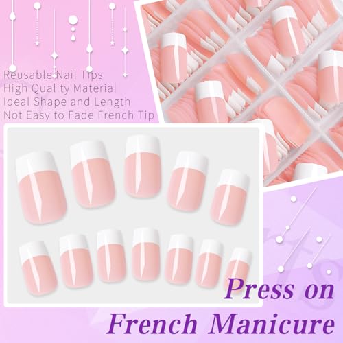 Short French Tip Press on Nails Square Fake Nails Press ons Glue Nail-C