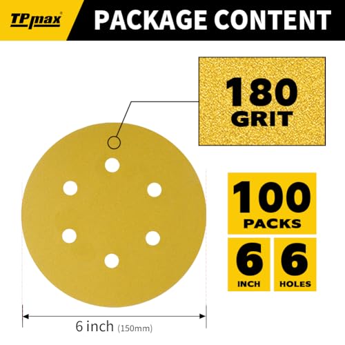 100PCS 6 Inch 180 Grit 150mm 6 Hole Sanding Discs Sandpaper - Premium Gold Round Hook and Loop for Random Orbital Sander - Ideal for Wood, Metal, Automotive - style: 180 Grit - 100 Pack